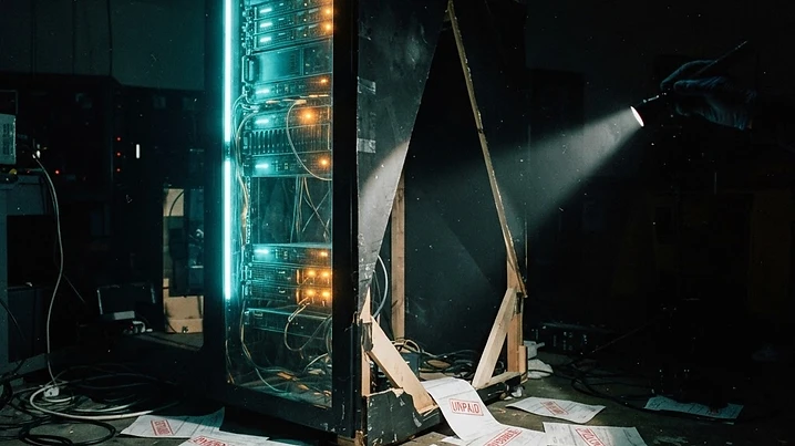 Forensic editorial illustration of a hollow AI data center server rack revealed as a stage prop by a flashlight beam, unpaid invoice papers scattered on the floor, dark moody lighting with amber and cyan accents