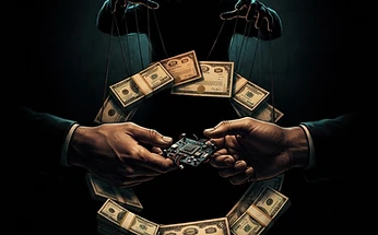 Forensic editorial illustration of two identical hands passing a drone technology component in a closed loop with cash and stock certificates circulating between them, controlled by a shadow puppeteer figure above, dark moody lighting with amber and cyan accents