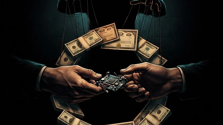 Forensic editorial illustration of two identical hands passing a drone technology component in a closed loop with cash and stock certificates circulating between them, controlled by a shadow puppeteer figure above, dark moody lighting with amber and cyan accents