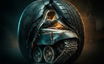 Forensic editorial illustration of a Formula 1 racing tire splitting apart to reveal a military tank tread beneath with a faint Kremlin silhouette in the background, dark moody lighting with amber and cyan accents