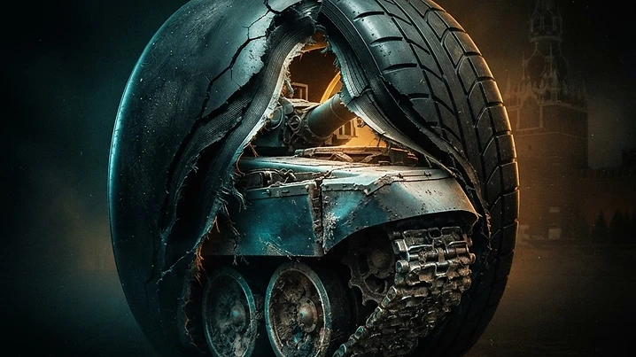 Forensic editorial illustration of a Formula 1 racing tire splitting apart to reveal a military tank tread beneath with a faint Kremlin silhouette in the background, dark moody lighting with amber and cyan accents