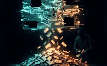 Forensic editorial illustration of a glitching hologram of a drone with blank void patches, stock certificates raining down into a swelling pile, a shadowy figure pocketing shares in the background, dark moody lighting with amber and cyan accents