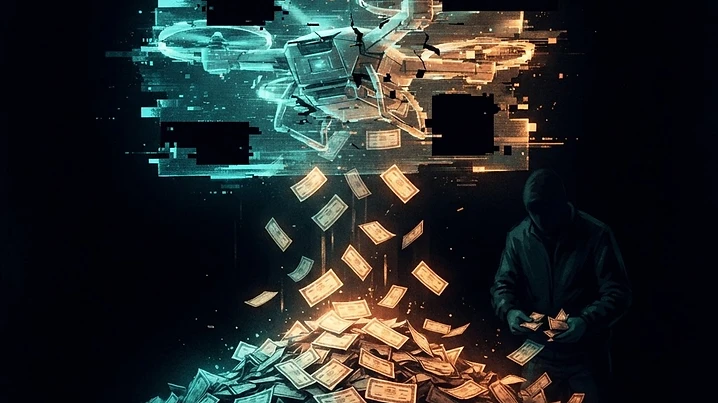 Forensic editorial illustration of a glitching hologram of a drone with blank void patches, stock certificates raining down into a swelling pile, a shadowy figure pocketing shares in the background, dark moody lighting with amber and cyan accents