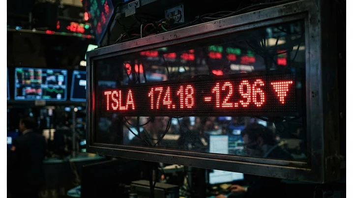 Wall Street stock ticker showing red stock symbol, dramatic financial lighting