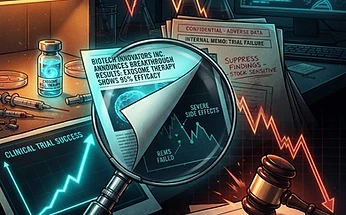 Forensic editorial illustration of a biotech securities fraud scandal: a clinical-stage biotech laboratory with a glowing vial of exosome cell therapy, a hidden pipeline of adverse trial data being concealed behind glowing positive press releases, a magnifying glass revealing the gap between disclosed and actual trial results, a gavel and class action legal document overlay, stock ticker line dropping sharply, dark moody black background with warning amber and terminal cyan accents, high contrast cinematic lighting, investigative financial journalism aesthetic