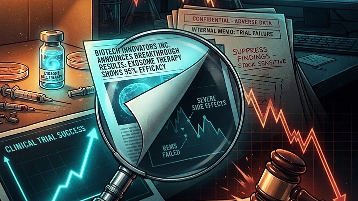 Forensic editorial illustration of a biotech securities fraud scandal: a clinical-stage biotech laboratory with a glowing vial of exosome cell therapy, a hidden pipeline of adverse trial data being concealed behind glowing positive press releases, a magnifying glass revealing the gap between disclosed and actual trial results, a gavel and class action legal document overlay, stock ticker line dropping sharply, dark moody black background with warning amber and terminal cyan accents, high contrast cinematic lighting, investigative financial journalism aesthetic