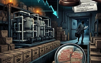 Forensic editorial illustration of an industrial pool equipment securities fraud scandal: a giant pool water filtration and pump system with inventory boxes piling up in a warehouse channel, a CFO executive figure walking out the door with a briefcase, a magnifying glass revealing hidden channel destocking inventory problems, a gavel and class action legal document overlay, stock ticker line dropping sharply, dark moody black background with warning amber and terminal cyan accents, high contrast cinematic lighting, investigative financial journalism aesthetic