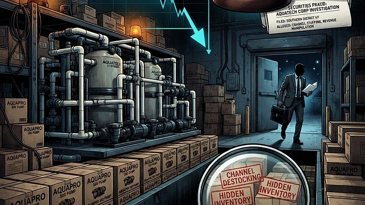 Forensic editorial illustration of an industrial pool equipment securities fraud scandal: a giant pool water filtration and pump system with inventory boxes piling up in a warehouse channel, a CFO executive figure walking out the door with a briefcase, a magnifying glass revealing hidden channel destocking inventory problems, a gavel and class action legal document overlay, stock ticker line dropping sharply, dark moody black background with warning amber and terminal cyan accents, high contrast cinematic lighting, investigative financial journalism aesthetic