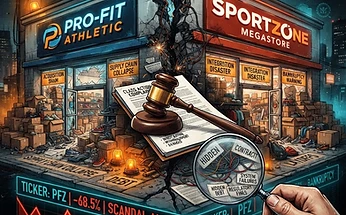Forensic editorial illustration of a corporate merger acquisition scandal: two giant sporting goods retail storefronts merging with a jagged crack running through the seam, overflowing warehouse inventory boxes spilling out, a gavel and class action legal document overlay, stock ticker line dropping sharply, a magnifying glass revealing hidden integration problems, dark moody black background with warning amber and terminal cyan accents, high contrast cinematic lighting, investigative financial journalism aesthetic