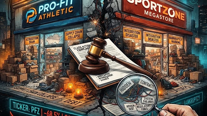 Forensic editorial illustration of a corporate merger acquisition scandal: two giant sporting goods retail storefronts merging with a jagged crack running through the seam, overflowing warehouse inventory boxes spilling out, a gavel and class action legal document overlay, stock ticker line dropping sharply, a magnifying glass revealing hidden integration problems, dark moody black background with warning amber and terminal cyan accents, high contrast cinematic lighting, investigative financial journalism aesthetic
