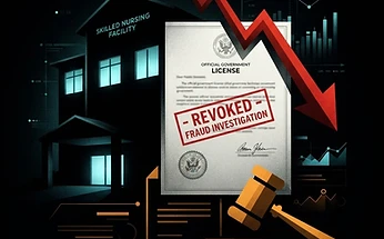 Forensic illustration of a skilled-nursing facility license fraud investigation with falling stock chart and legal iconography