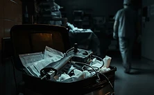 Forensic editorial illustration of a discarded single-use surgical robotic controller in a hospital waste bin, a ghostly surgeon silhouette walking away, a flickering operating room light, dark moody lighting with amber and cyan accents