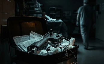 Forensic editorial illustration of a discarded single-use surgical robotic controller in a hospital waste bin, a ghostly surgeon silhouette walking away, a flickering operating room light, dark moody lighting with amber and cyan accents