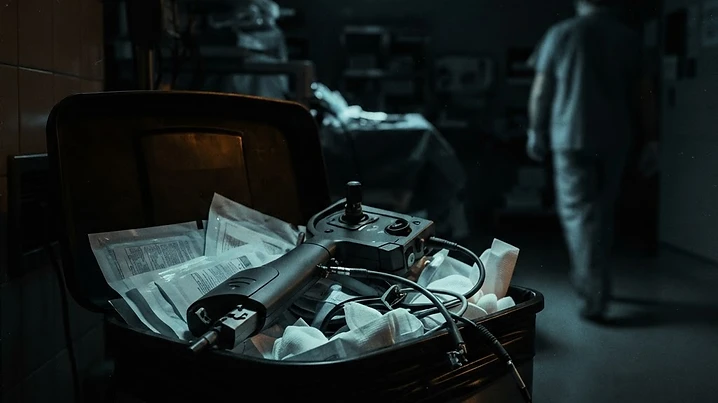 Forensic editorial illustration of a discarded single-use surgical robotic controller in a hospital waste bin, a ghostly surgeon silhouette walking away, a flickering operating room light, dark moody lighting with amber and cyan accents