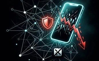 Forensic illustration of an ad-tech data-misuse and privacy fraud scandal with user-identity graphs and falling stock chart