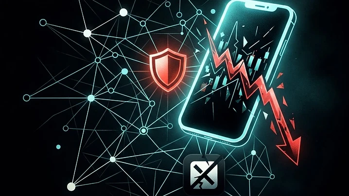 Forensic illustration of an ad-tech data-misuse and privacy fraud scandal with user-identity graphs and falling stock chart