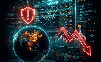 Forensic illustration of an illegal online gambling and sports-data integrity scandal with falling stock chart and global network iconography