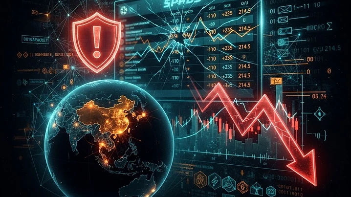 Forensic illustration of an illegal online gambling and sports-data integrity scandal with falling stock chart and global network iconography