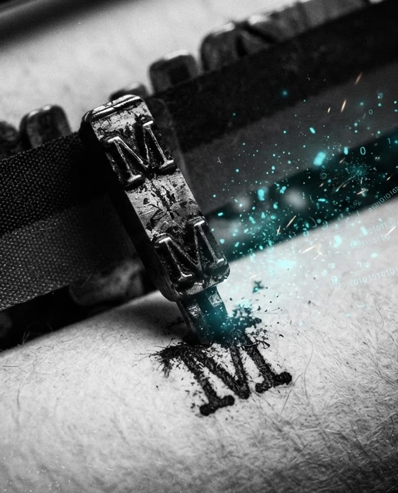 Typewriter key striking paper with glowing digital data