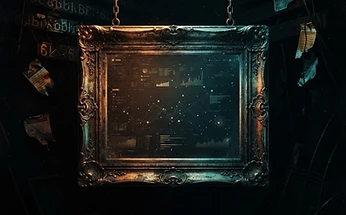 Forensic editorial illustration of an ornate empty picture frame in a dark void containing a faint glowing website interface with almost no visitors, cracked ticker symbols and rebranding labels peeling off in the background, dark moody lighting with amber and cyan accents