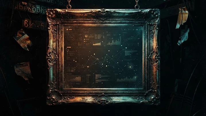 Forensic editorial illustration of an ornate empty picture frame in a dark void containing a faint glowing website interface with almost no visitors, cracked ticker symbols and rebranding labels peeling off in the background, dark moody lighting with amber and cyan accents