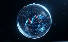 Translucent glass bubble reflecting stock charts and AI circuit patterns