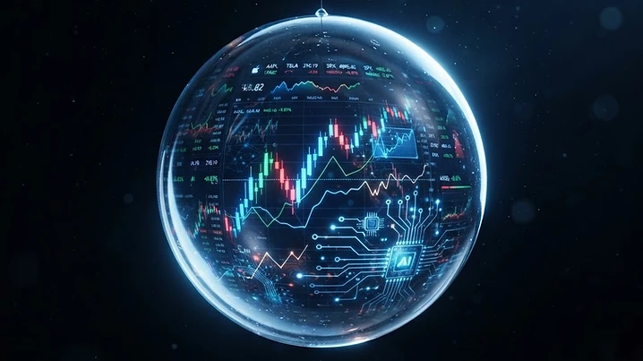 Translucent glass bubble reflecting stock charts and AI circuit patterns