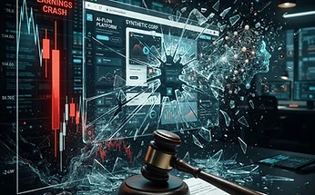 Forensic editorial illustration of a corporate earnings collapse: a glowing AI-powered website builder interface shattering like glass, stock chart line plunging 27% in a single red candle, a gavel and class action legal document overlay, broken AI neural network nodes dissolving, dark moody black background with warning amber and terminal cyan accents, high contrast cinematic lighting, investigative financial journalism aesthetic