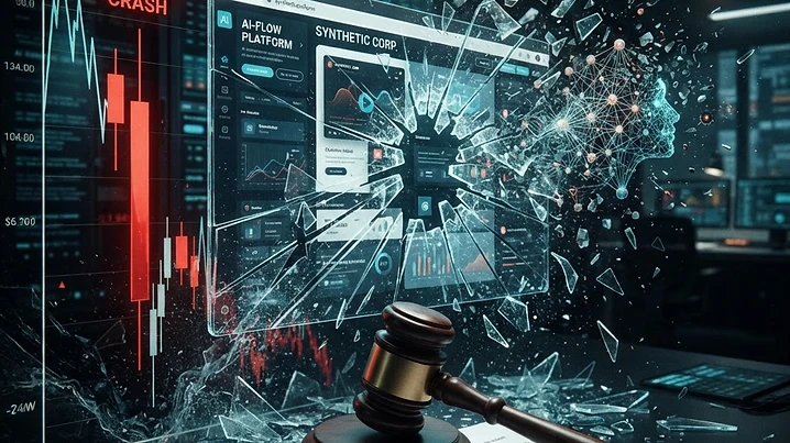 Forensic editorial illustration of a corporate earnings collapse: a glowing AI-powered website builder interface shattering like glass, stock chart line plunging 27% in a single red candle, a gavel and class action legal document overlay, broken AI neural network nodes dissolving, dark moody black background with warning amber and terminal cyan accents, high contrast cinematic lighting, investigative financial journalism aesthetic