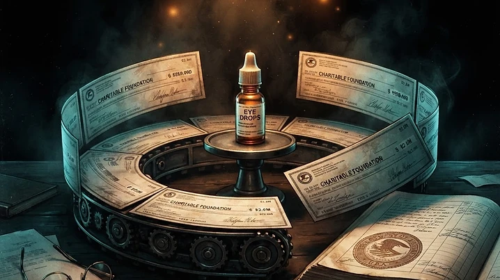 Forensic editorial illustration of a single eyedrop bottle on a pedestal surrounded by oversized donation checks looping back into the bottle like a conveyor belt, a Justice Department ledger on the desk, dark moody lighting with amber and cyan accents