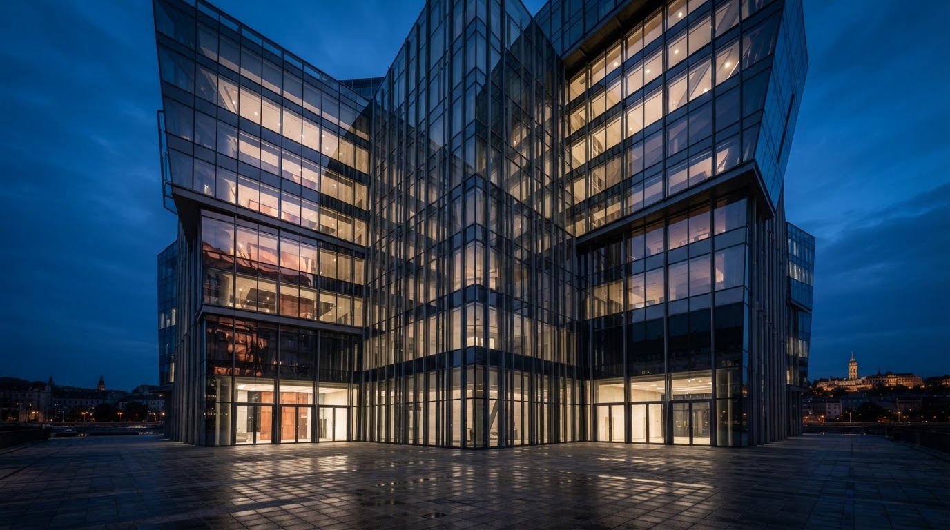 Futuristic glass and steel facade, Budapest blue hour