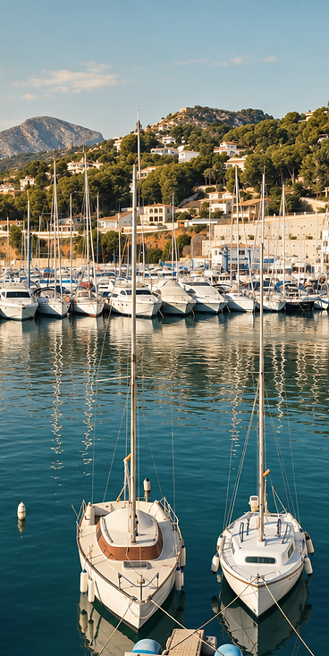 Jachthaven van Jávea met boten en heuvels aan de Costa Blanca