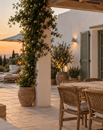 Mediterrane terrasse bij zonsondergang met zeezicht