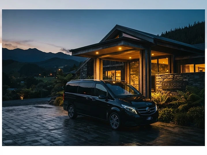 A premium vehicle at a discreet luxury hotel entrance at dusk