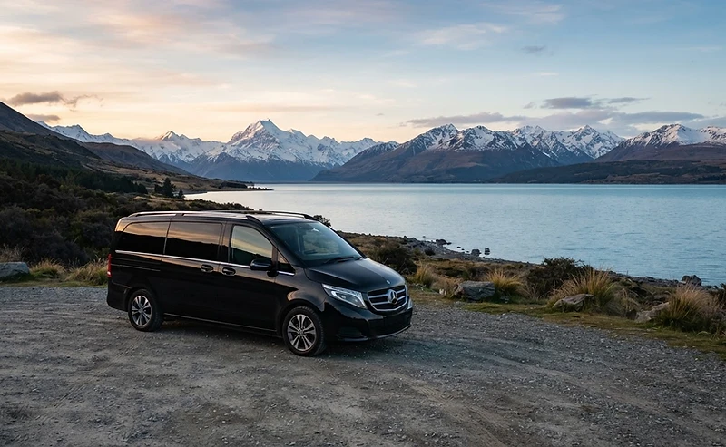 A premium Mercedes V-Class overlooking Lake Tekapo at dawn
