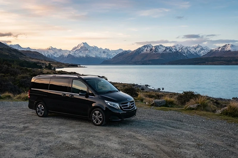 A premium vehicle overlooking a South Island alpine lake at dawn