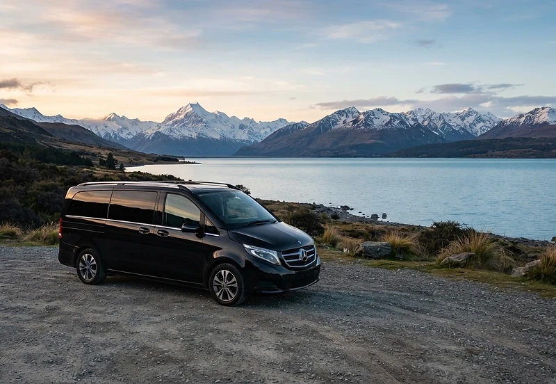 A premium Mercedes V-Class overlooking Lake Tekapo at dawn