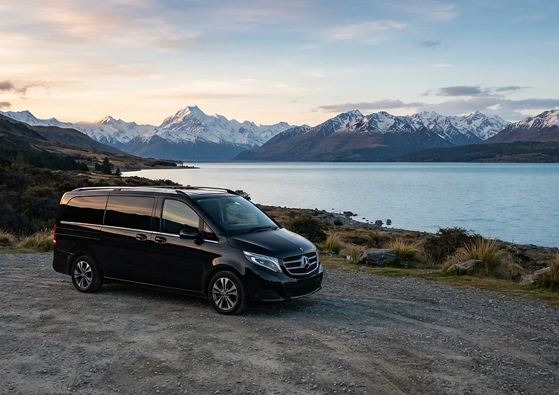A premium Mercedes V-Class overlooking Lake Tekapo at dawn