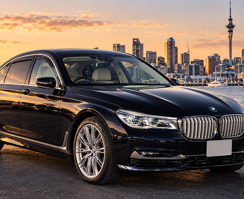 A black BMW 750Li parked on the Auckland waterfront at sunset