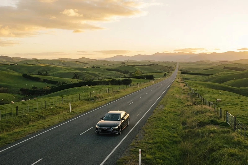 A premium vehicle on a New Zealand city motorway at dawn