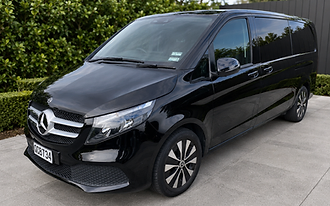A black Mercedes-Benz V-Class people mover parked on paving beside a hedge