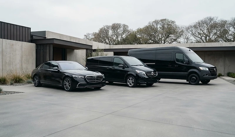 A lineup of premium black Mercedes vehicles