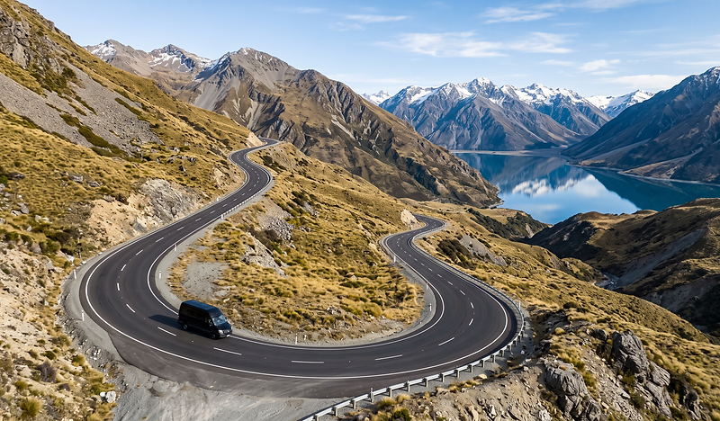 A black Mercedes Sprinter on a winding alpine mountain pass, driving on the left side of the road