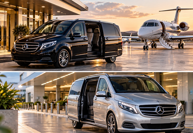 Mercedes-Benz V-Class vans at a private terminal and tarmac with a private jet — transport support for executive protection teams
