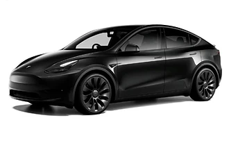 A black Tesla Model Y on a white studio background