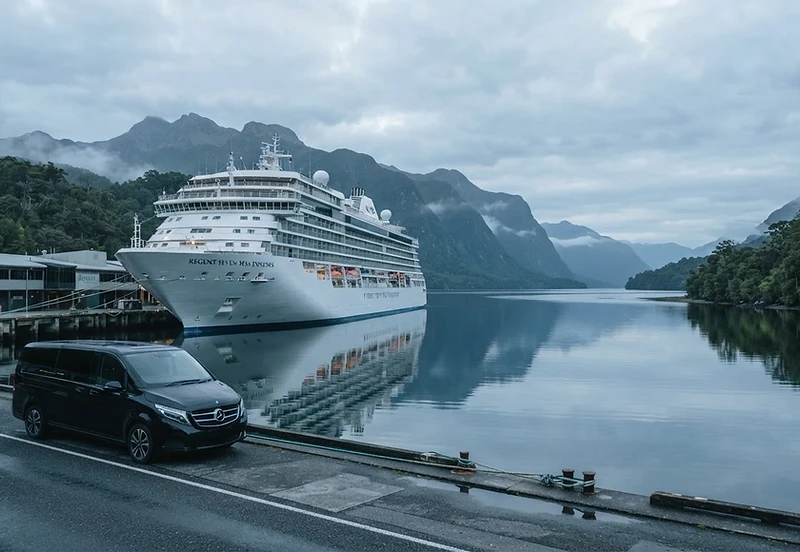 A cruise ship docked at a calm New Zealand port at dawn