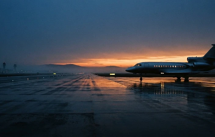 Business jet on a wet reflective runway at dusk