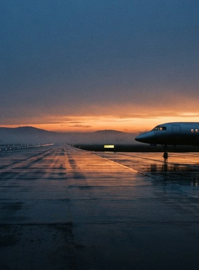Private jet on a reflective runway at dusk