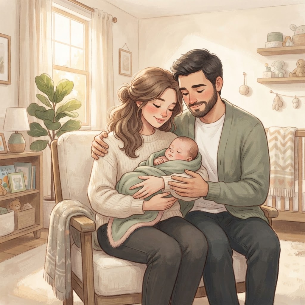 Warm illustration of new parents holding their newborn baby