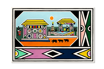 Ndebele painting by Esther Mahlangu, a homestead scene with oxen, 2021